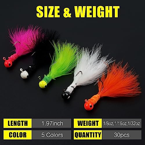 Crappie Jigs,30pcs Hand-Tied Marabou Hair Jig Heads with Feather 5 Colors Ice Fly Fishing Lures Bucktail Jig Fishing Teaser for Panfish Sunfish Walleye Hair Jig Bait 1/32 1/16 1/8 oz - color: 1/8oz(3.5g) - 30pcs