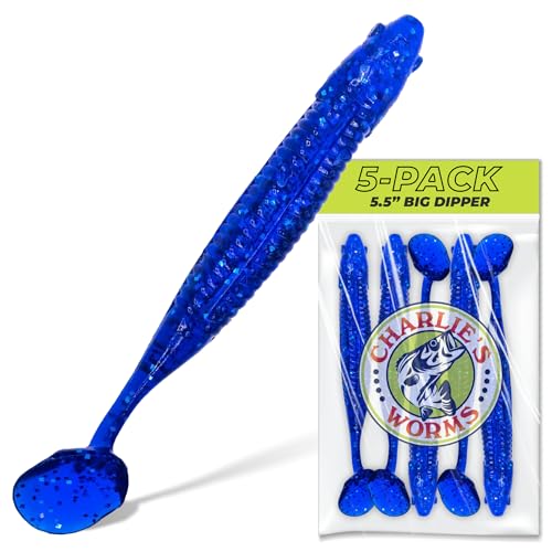 Charlie's Worms Big Dipper Scented Soft Bait for Freshwater & Saltwater Fishing, Paddle Tail Swimbait Lures, Plastic Minnows, Bass, Walleye, Trout, Snakehead, with Variety of Colors (5 Pack) - color: Sapphire Blue