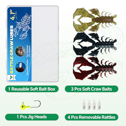 4.1" Crawfish Lure for Bass Fishing, Soft Plastic Craw Bait Kit with Removable Rattles & Jig Head, Reusable Bait Box for Freshwater Bass - color: blue, red, green