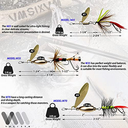 Trout Lures Fishing Spinnerbaits, Rooster Bait Tail Hard Metal Brass Spinner Baits Trout Fishing Lures for Bass Salmon Pike Freshwater Saltwater - color: A1-N03-6pcs-1/16oz
