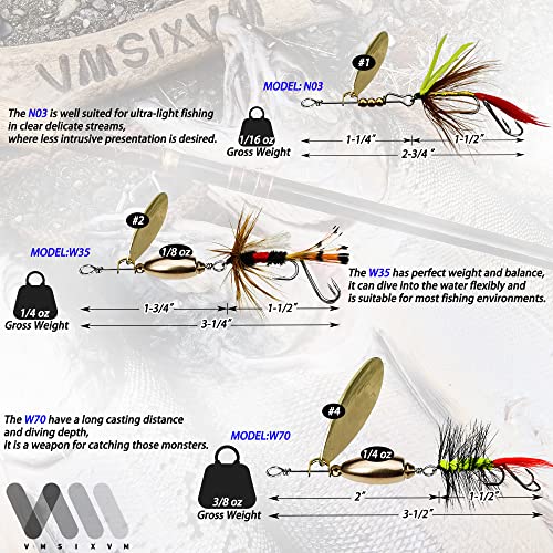 Trout Lures Fishing Spinnerbaits, Rooster Bait Tail Hard Metal Brass Spinner Baits Trout Fishing Lures for Bass Salmon Pike Freshwater Saltwater - color: A1-N03-6pcs-1/16oz
