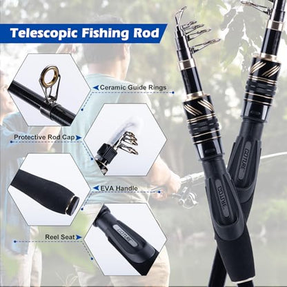 GOTURE Telescopic Fishing Rod and Reel Combos, Carbon Fiber Travel Fishing Pole, 9+1 BB Spinning Reel, Saltwater Freshwater Fishing Gear Kit with Braided Line, Lures, Carrier Bag for Bass Trout - color: 1 Rod & 1 Reel Spinning Fishing Combo - PC Fishing T