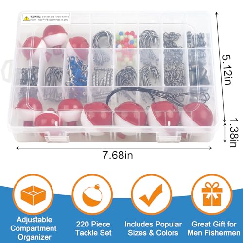 220pcs Fishing Bobbers Tackle Kit Beginners Fishing Kit | Includes Hooks, Bobbers, Sinkers Weights, Swivel Snaps, Starter Tackle Box Kit for Artificial and Live Baits - style: 220pcs Kit