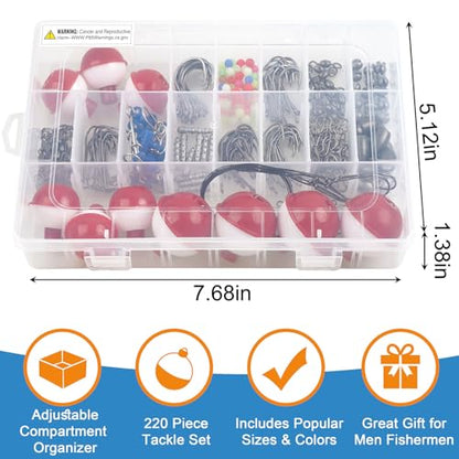 220pcs Fishing Bobbers Tackle Kit Beginners Fishing Kit | Includes Hooks, Bobbers, Sinkers Weights, Swivel Snaps, Starter Tackle Box Kit for Artificial and Live Baits - style: 220pcs Kit