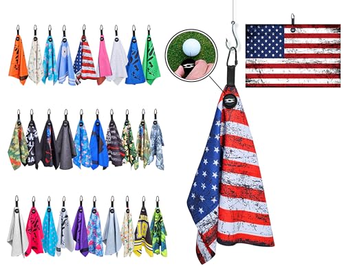 Magnetic Microfiber Waffle Golf Towel – Patriotic USA Flag Large 16"x24" Clean Golf Club Ball Magnet Clip Hang Bag Cart Strong Ultra Absorbent Gear USA Flag Men (Distressed Flag) - color: Distressed Flag