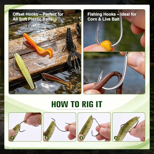 GOTURE 200Pcs Fishing Hooks Set with Tackle Box, 80D High Carbon Steel Offset Worm Hooks and Iseama Bait Hooks Assortment for Freshwater Saltwater Fishing - style: 200pcs - Offset & Iseama