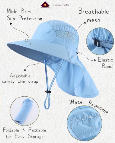 Home Prefer UPF50 Wide Brim Kids Sun Hat Neck Flap Boys Girls Sun Protection Hat for Beach Fishing - color: Light Blue, size: 4-8 Years