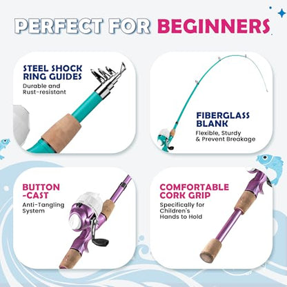 Kids Fishing Pole, Portable Telescopic Kids Fishing Poles for Boys Girls Youth, Fishing Rod and Reel Combo - color: Turquoise+Metallic Pink