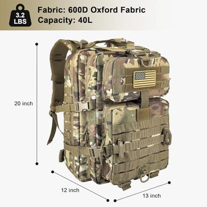 Hannibal Tactical MOLLE Assault Backpack, Tactical Backpack Military Army Camping Rucksack, 3-Day Pack Trip w/USA Flag Patch, D-Rings Cp - color: Camouflage