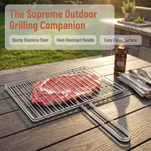 ibasenice Portable Fish Grill Basket Stainless Steel Outdoor Bbq Rack with Heat-Resistant Handle for Camping Grilling Fish Vegetables and Shrimp 16.33X16.14X0.39In