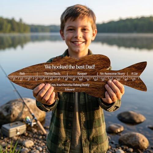 Personalized Fish Ruler Sign for Dad, Custom Wooden Fish Measuring Board with Name and Message, Father’s Day Fishing Gift for Men, Grandpa, Papa, Husband, Rustic Fisherman Wall Decor for Man Cave Garage Lake House