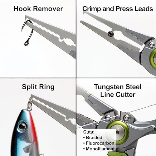 8 Inch Fishing Pliers, Cut Braided and Fluorocarbon Lines, Hook Remover, Lockable, Split Ring, Multi Tool, Ocean Fishing, Fly Fishing, Ice Fishing, Hard Rubberized Sheath, Gift for Fisherman