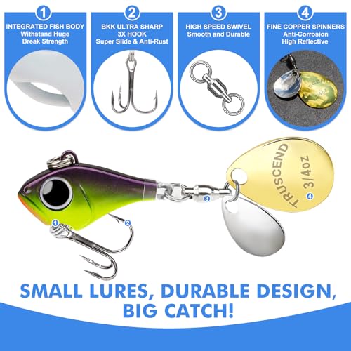 TRUSCEND Vibespinner Easy Catch Fishing Lures with BKK Hooks, Tail Spinner Baits with 4 Actions, Vibrating Swimming Flashing & Jigging for More Bites, Spoon Lures for Bass Trout Crappie Walleye Pike - color: A4-3/4oz-21g