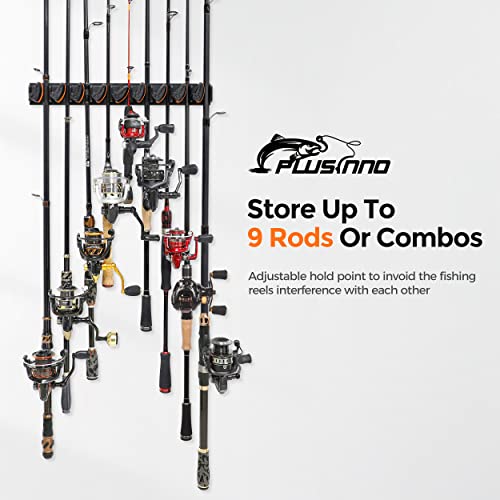 PLUSINNO V9 Vertical Fishing Rod Holders, 2 Packs Wall Mounted Fishing Pole Holders, Fishing Rod Racks Hold Up to 18 Rods or Combos, Fishing Pole Holders for Garage, Fishing Gear and Gifts for Men - style: Orange 2-pack (store 18 combos)