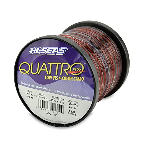 HI-SEAS Quattro Monofilament Fishing Line - Low-vis 4 Color Camo, Strong & Durable Performance Saltwater Main Line - style: 80 Lb Test, 0.90 Mm Dia, 600 Yd