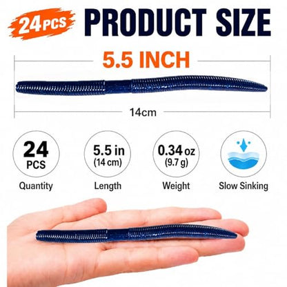 Soft Plastic Bass Fishing Lures 5" - Salt Infused Stick Bait, Fall Rate for Wacky/Texas/Carolina Rig, Saltwater Soft Plastic Swimbaits, Bass Lures Soft Plastic Freshwater (24Pcs) - color: Deep Ocean Blue