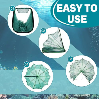 Windyun 2 Pcs Foldable Shrimp Trap 32 x 10 Inches Fishing Trap 10 Holes 10 Sides Portable Fishing Bait Nets for Minnow Crayfish Shrimp Crawdad Bait Accessories with Rope, Bag