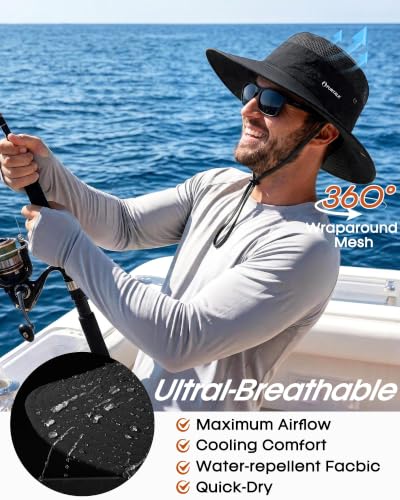 FURTALK Sun Hats for Men Women UPF Sun Protection Breathable Wide Brim | Nylon UV Protection, Breathable Adjustable, 2-in-1 Wide Brim, Packable Water-Resistant, Fishing Hiking Summer - color: Black