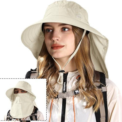 Rosoz Sun Hat for Men Women with Neck Flap,Wide Brim UPF50+ Fishing Hat with Detachable Face Cover Outdoor Sun Protection Hat - color: 1pack-ivory