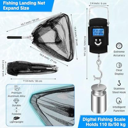 Threehoney Set of 4 Saltwater Fishing Cast Net, Foldable Fish Bucket, Folding Fishing Landing Net, and 110lb Digital Scale, 6 Gallon Live Fish Bait Bucket - color: Blue, size: 4ft