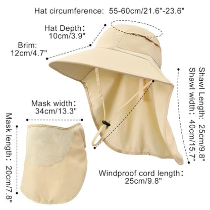 Sun Hats for Men Women Detachable Face Cover Wide Brim Fishing Hats with Neck Flap UPF 50+ Outdoor Safari Hats - color: Beige