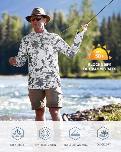 FISHEAL Men's Performance Fishing Hoodie Shirt - UPF 50+ Sun Protection Long Sleeve Thumbholes Shirts with Neck Gaiter - color: Castle Gray, size: XX-Large