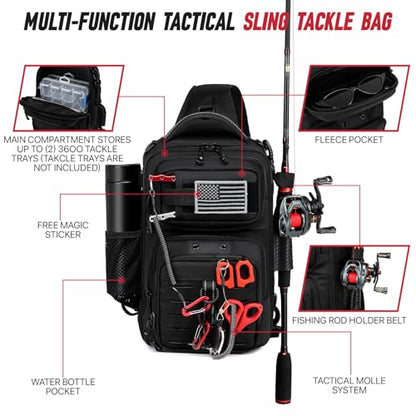 Fishing Sling Bag, Fishing Bag With Rod Holder Fixed Stickers, MOLLE System, Soft Bait & Gear Storage, Gift for Men Black - color: Black