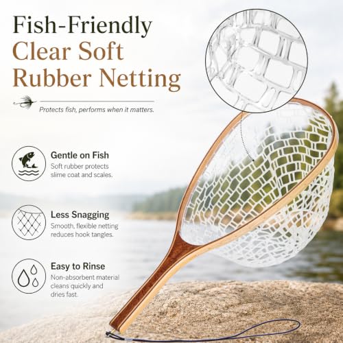 Wooden Fly Fishing Landing Net with Clear Soft Rubber Netting, Floating Trout Net, Magnetic Quick Release Buckle, Anti-Loss Rope, 10.4 x 15 in Hoop, 23.6 in Length, 0.75 lb
