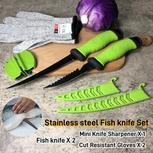 2PCS Fillet Knife Set, 5 & 7 inch Stainless Steel Kitchen Filet Knife for Fish, Fishing Gear, Fishing Tool Set, Fishing Accessories Gift, with Sharpener and Cutting Resistant Gloves, Green - color: 2PCS-Green