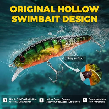Topwater Fishing Lures -Hard Swimbait,3 8/9in 1/2oz Floating Lure with Hollow Cavity for Scent Attractant, for Bass,Pike,Trout,Freshwater & Saltwater - color: Emerald Bass
