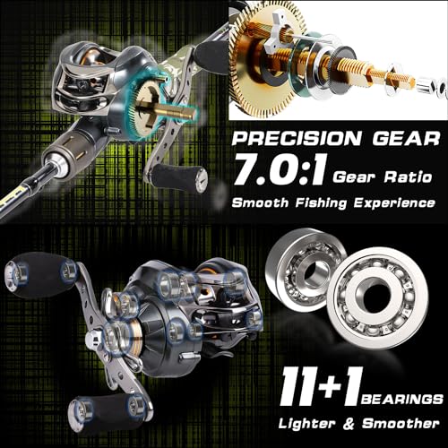 Sougayilang Baitcaster Combo for Freshwater and Inshore, 2 Piece 30Ton+24Ton Graphite Fishing Rod with SuperPolymer Handle, 7.0:1 Gear Ratio Baitcasting Reel, 11+1 Bearings, S Style Hook Keeper - color: Left hand-7'6''-Medium Heavy