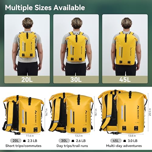 MARCHWAY Roll Top Waterproof Backpack, Floating Dry Bag 20L/30L/45L with Ergonomic Rectangular Base, Cushioned Back, Hip Strap for Hiking Camping Kayaking Travel (Yellow, 30L) - color: Yellow, size: 30L