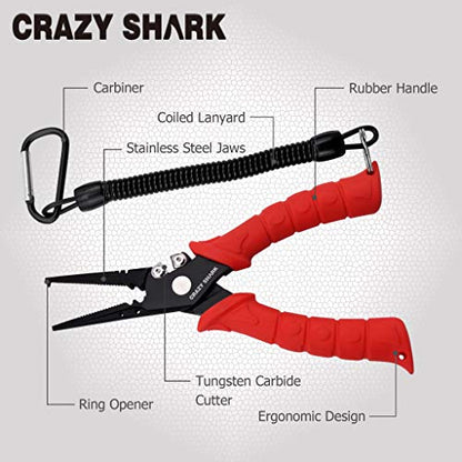 Fishing Pliers, Stainless Steel Fishing Tools, Saltwater Resistant Fishing Gear, Tungsten Carbide Cutters, Split Ring Pliers, Hook Remover with Coiled Lanyard and Sheath - color: Red - 7" Split Ring Nose