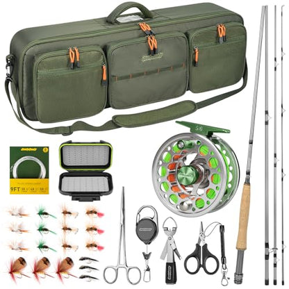 QualyQualy Fly Fishing Combo Starter Kit, 9Ft Fly Rod 4-Piece Graphite Rod with Bag, Accessories, Die Cast Aluminum Pre-Loaded Reel, Chest Pack, Fly Fishng Net & Flies - color: B-5/6-Green Reel（Rod Case）