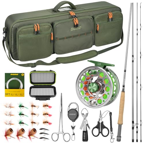 QualyQualy Fly Fishing Combo Starter Kit, 9Ft Fly Rod 4-Piece Graphite Rod with Bag, Accessories, Die Cast Aluminum Pre-Loaded Reel, Chest Pack, Fly Fishng Net & Flies - color: B-5/6-Green Reel（Rod Case）