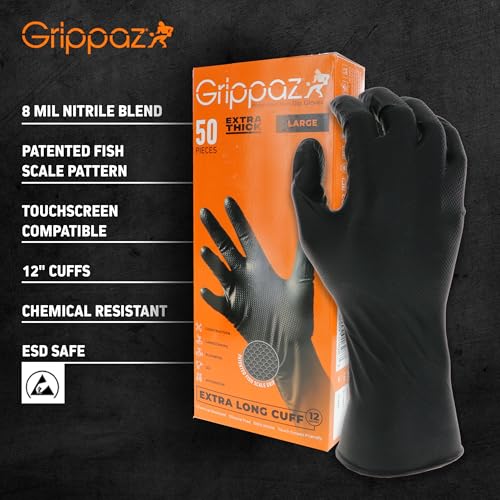 Grippaz 8 Mil Nitrile Disposable Gloves 50-Pack, Fish Scale Grip, Chemical & Oil Resistant, Black, X-Large (G21091-XL) - size: X-Large