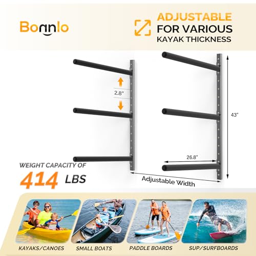 Bonnlo Kayak Storage Rack, Adjustable Heavy Duty Kayak Rack for Kayaks Paddle Boards, Kayak Paddle Holder for Garage, Spacesaver, Gentle on Padding, Boat Organizer - style: 3 Kayaks, Wall Mount
