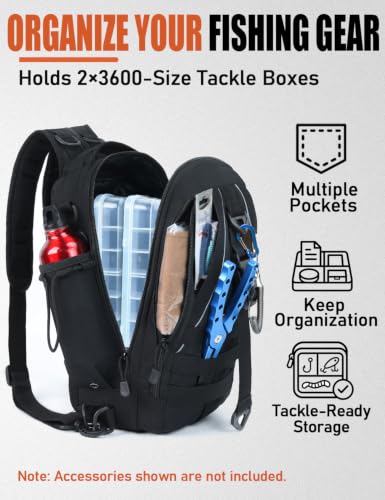J.SH Tactical Sling Bag, Small Fishing Bag with Rod Holder - Black 12L | Durable Lightweight, Designed for Fishing Gear and Equipment, Gift for Men, Travel, Outdoor Hiking Backpack - color: Black - Medium (12L)