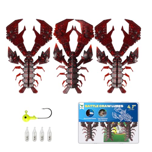 4.1" Crawfish Lure for Bass Fishing, Soft Plastic Craw Bait Kit with Removable Rattles & Jig Head, Reusable Bait Box for Freshwater Bass - color: red