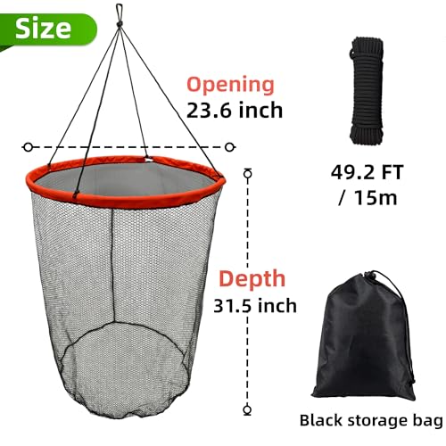 Foldable Bridge and Pier Fishing Landing Net - High Load-Bearing Aluminum Ring Drop Net for Saltwater Freshwater - Collapsible Basket with 50 FT Rope
