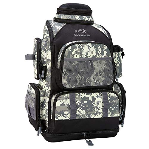 BASSDASH Fishing Tackle Backpack Water Resistant Tactical Bag Soft Tackle Box with Rod Holder and Protective Rain Cover - color: Jungle Camo Backpack [3670] Without Trays