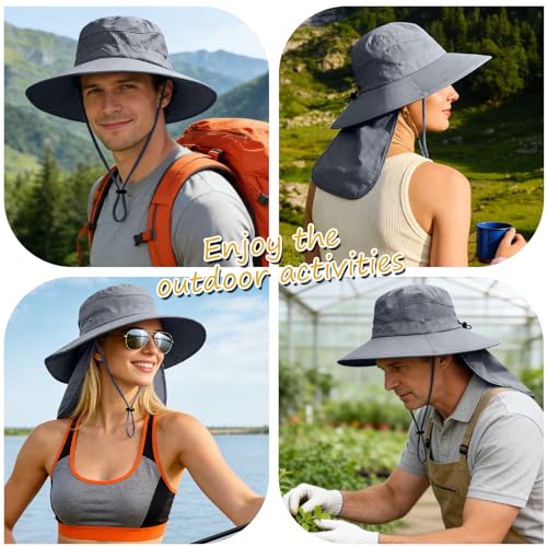 Sun Hats for Men Women, UPF50+ Protection Safari Hat,Wide Brim Fishing Hat with Neck Flap,Bucket Hats for Beach Hiking - color: Darkgrey
