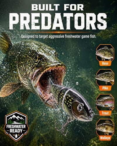 8-Segment Swimbait with High-Carbon Steel Hooks, 5.4" Lifelike Jointed Fishing Lure with Built-in Rattle & 3D Eyes, Magic Wiggling Action Swimbaits for Bass Trout Pike Walleye, Freshwater Saltwater