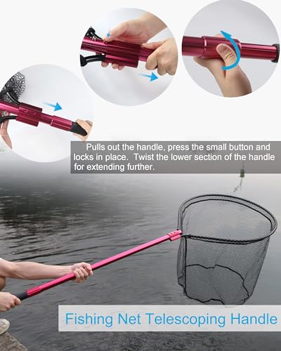 Large Rubber Fishing Net Heavy Duty Extra Large Aluminum Landing Net for Saltwater Fish Net Telescoping Handle with 6pcs Soft Jig Swimbait, Extends to 72-94in