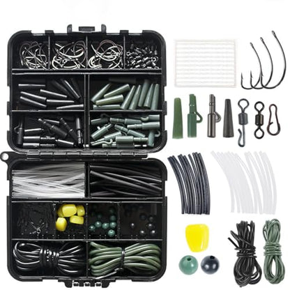 178-Piece Carp Fishing Tackle Kit with Storage Box, Includes Carp Hooks, Anti Tangle Sleeves, Hook Stop Beads, Rolling Swivels & Assorted Terminal Fishing Accessories