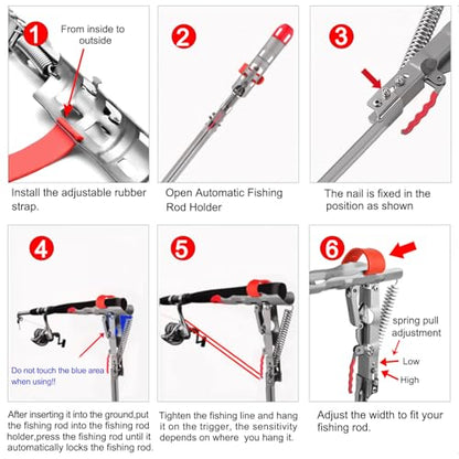 LBW Automatic Spring Fishing Rod Holder for Ground Bank Fishing Pole Holder Hook Setter Adjustable High Sensitivity Stainless Steel Spring Loaded Rod Holder for Fishing 4 Pack