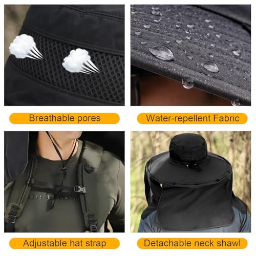 HUAMULAN Men Summer Sun Hat Women Safari Wide Brim Fishing Hats UV Protection Neck Flap Bucket Gardening Hiking Hunting Cap - color: Hyp016-black