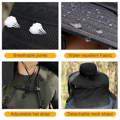 HUAMULAN Men Summer Sun Hat Women Safari Wide Brim Fishing Hats UV Protection Neck Flap Bucket Gardening Hiking Hunting Cap - color: Hyp016-black