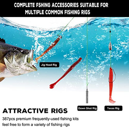 PLUSINNO 253/387pcs Fishing Gear Accessories Kit, Fishing Tackle Box with Tackle Included, Fishing Hooks, Fishing Weights Sinkers, Spinner Blade, Fishing Equipment for Bass Trout Bluegill Crappie - color: 387pcs Fishing Accessories Kit