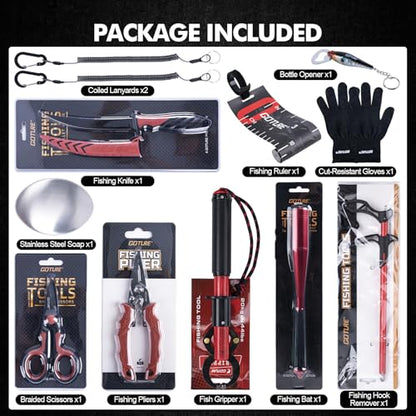 Goture Fishing Tool Kit,Fishing Pliers,Fillet Knife with Sheath,Fish Lip Gripper,Fish Hook Remover,Lanyard,Line Scissors,Sharpener,Stainless Steel Soap,Saltwater Gear Kit,Red/Pink,Gifts for Men/Women - color: A9:12pcs Fishing Tool Kit